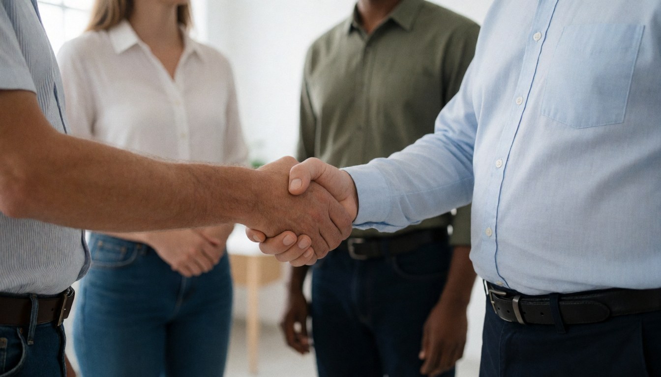Two professionals shaking hands in an office setting to finalize a business agreement, with ample copy space on a clean white background