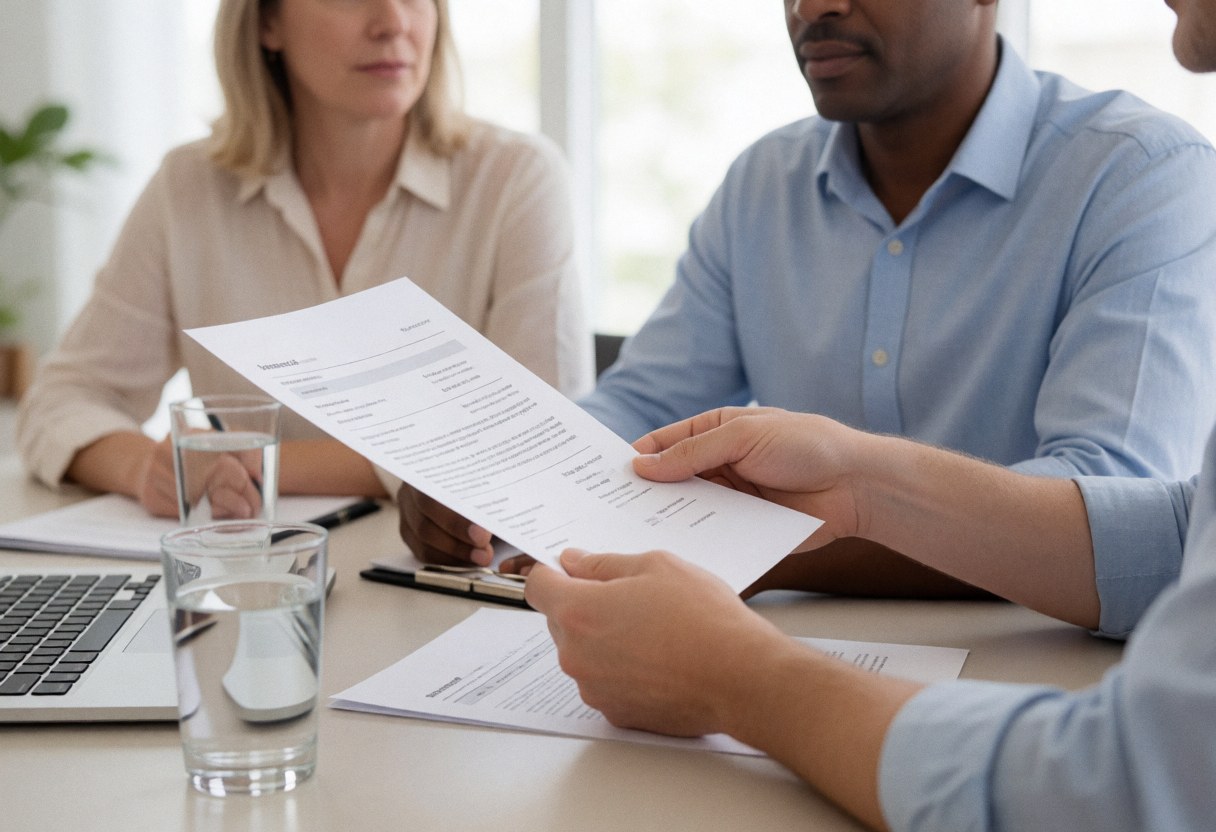 Two colleagues examine a document on a clean office table alongside a laptop and water glasses during a professional business meeting.
