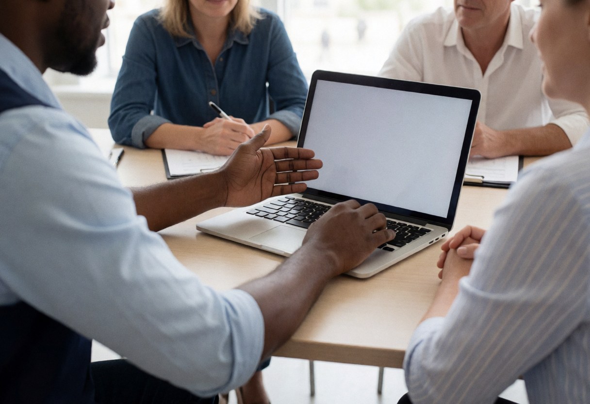 A professional meeting where a business proposal is being presented on a laptop to a client at a modern office desk.
