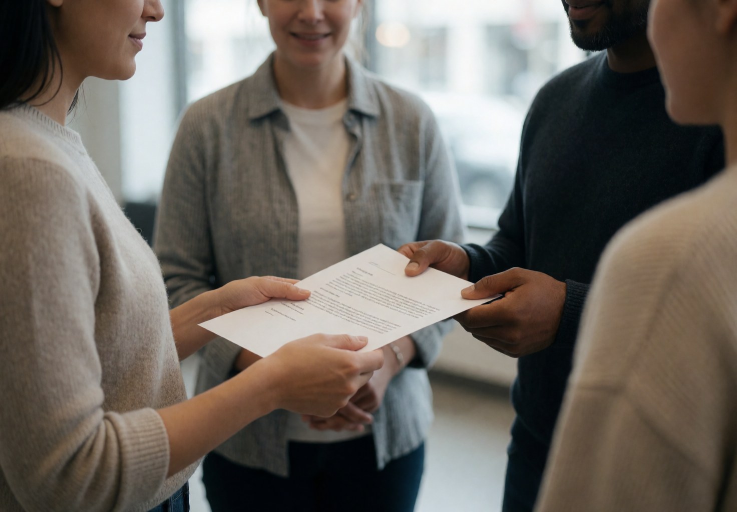 Close-up of a saleswoman handing a contract document to a client in a modern office setting with professional atmosphere