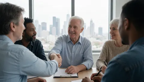 Two people shaking hands in an office with a city view while two others observe and take notes