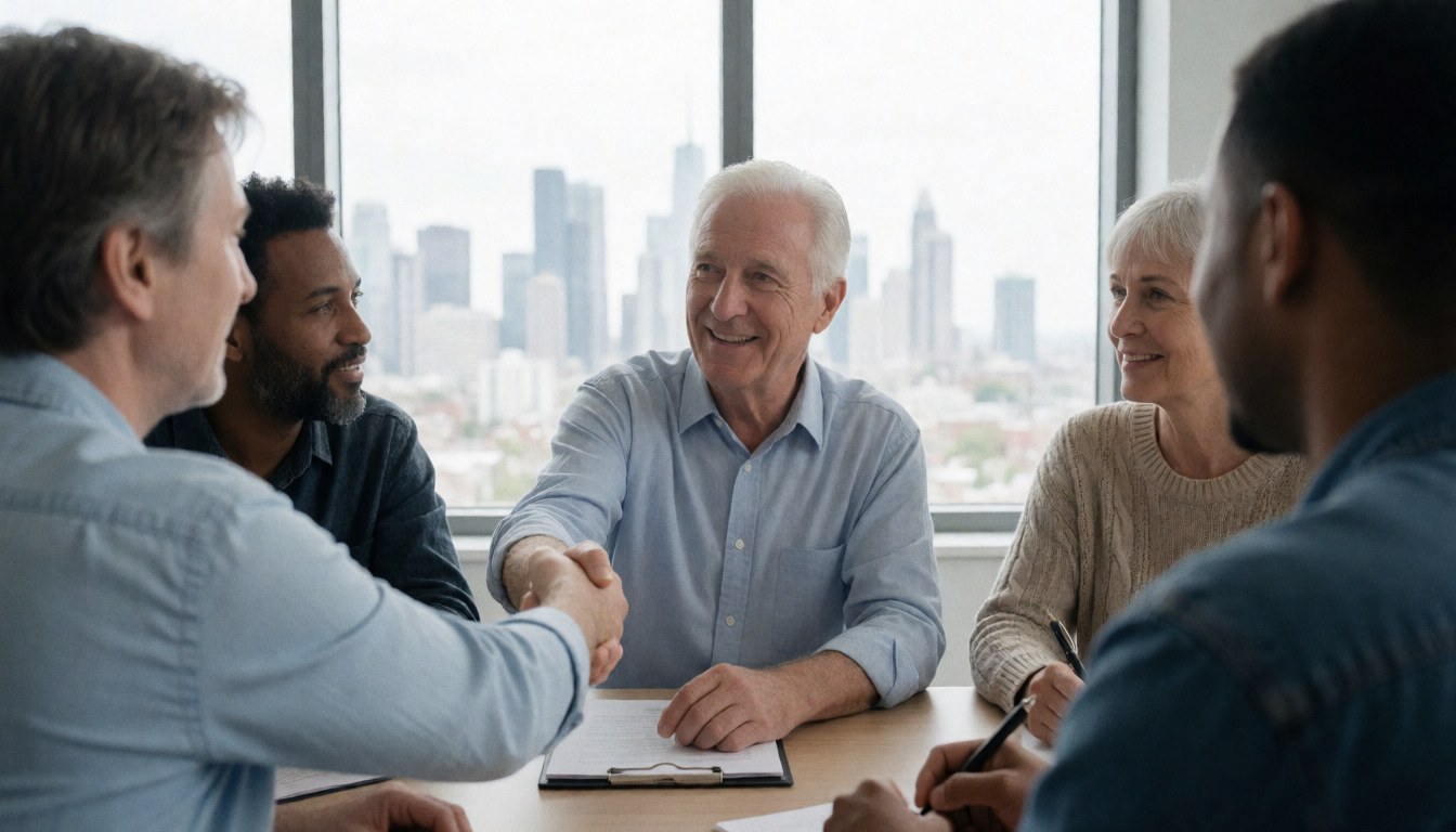 Two people shaking hands in an office with a city view while two others observe and take notes