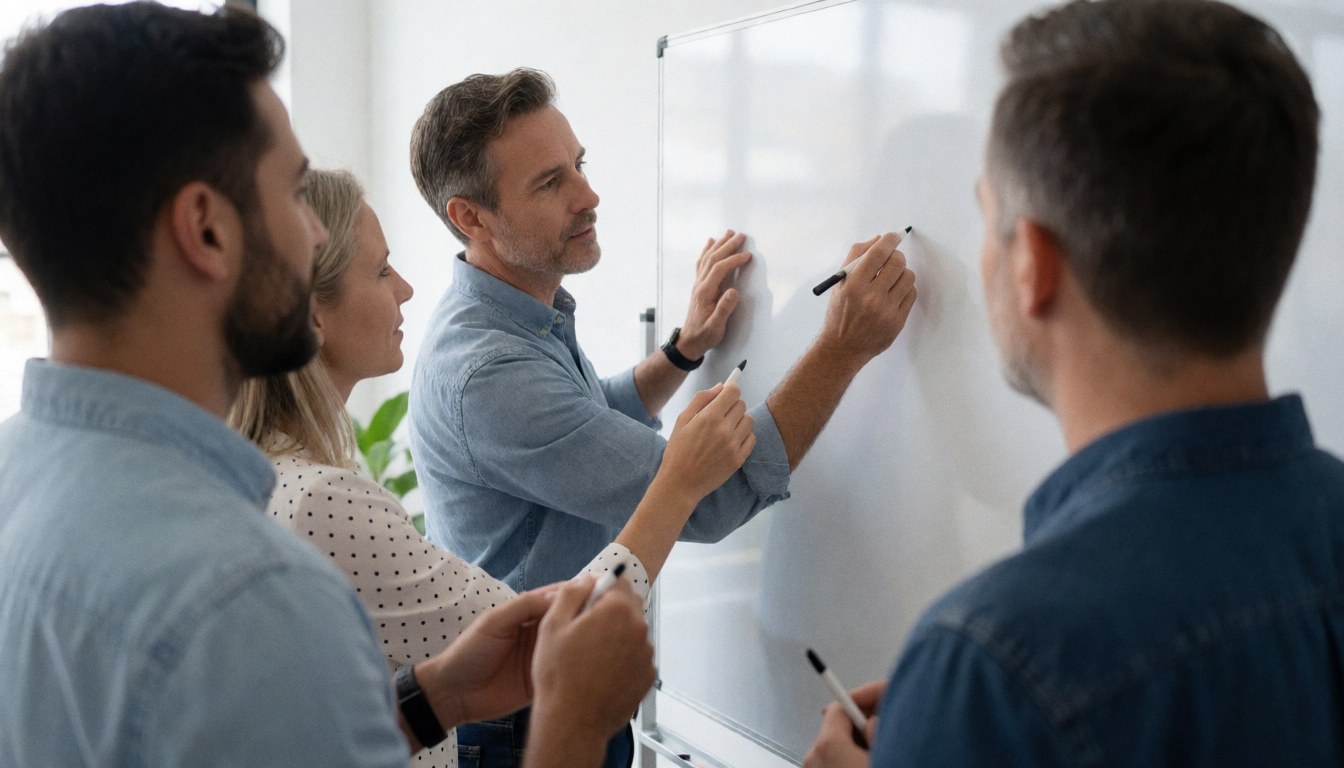 Diverse professionals brainstorming and writing on a whiteboard in a bright, modern office setting with natural light.
