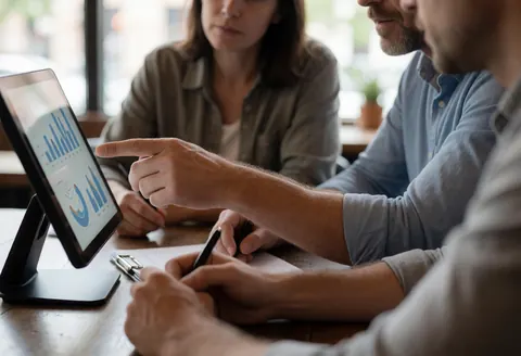 Close-up of hands holding a tablet while an advisor explains business charts to a client in a cozy cafe setting with warm lighting.