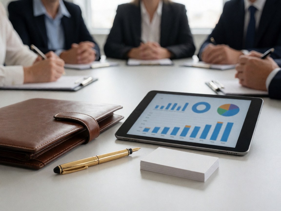 Conference table with portfolio, pen, tablet showing graphs, and business cards for a sales negotiation.