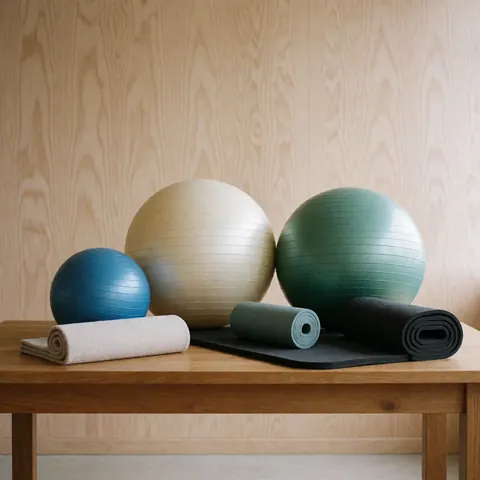 Set of therapy balls and mats arranged on a wooden table with a natural wood panel background and soft professional lighting