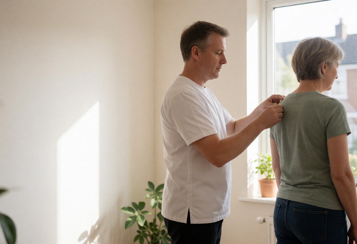 Professional therapist performing a back massage on a client in a modern room with natural light, creating a calm and relaxing atmosphere.