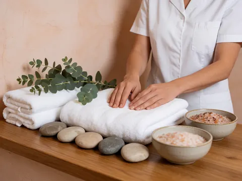 Therapist hands resting on white towels with stones, salts, and eucalyptus branches on a wooden table in a relaxing spa setting