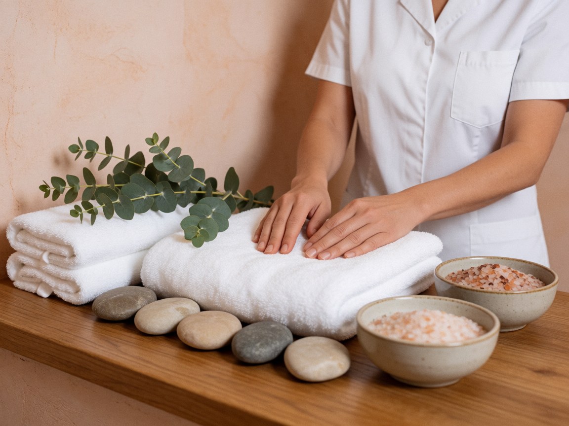 Therapist hands resting on white towels with stones, salts, and eucalyptus branches on a wooden table in a relaxing spa setting