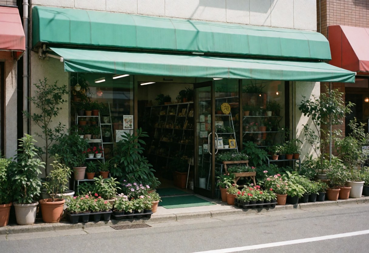 Garden supply storefront featuring a green awning, potted plants, and flowers creating a natural and welcoming atmosphere for landscaping and gardening.