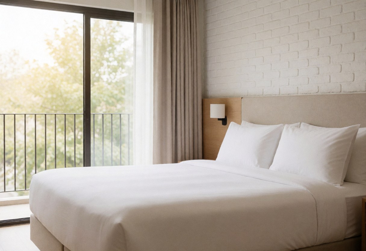 Spacious hotel room featuring a large bed, white brick wall, and window overlooking a balcony with natural light. Clean, minimalist, and inviting interior.