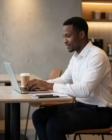 Young man focused on his laptop in a modern hotel lounge with warm lighting, concrete walls, and a cup of coffee nearby.