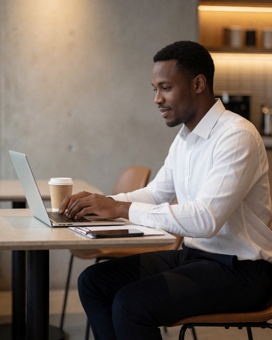 Young man focused on his laptop in a modern hotel lounge with warm lighting, concrete walls, and a cup of coffee nearby.