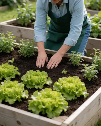 A landscaper planting lettuce in wooden containers, hands in soil, natural light, professional gardening service in action.