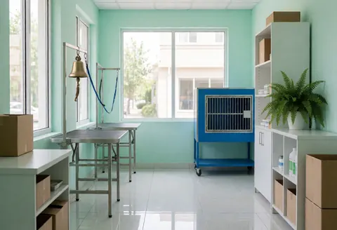 Bright and organized dog grooming salon interior featuring green walls, white floor, grooming table, blue drying cage, and a plant.