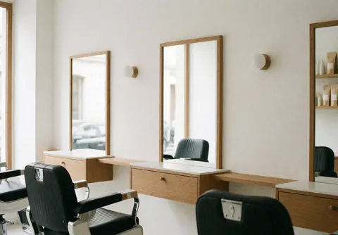 Clean minimalist barbershop interior featuring black barber chairs, wall mirrors, wooden furniture, white walls, natural light, and a serene atmosphere.