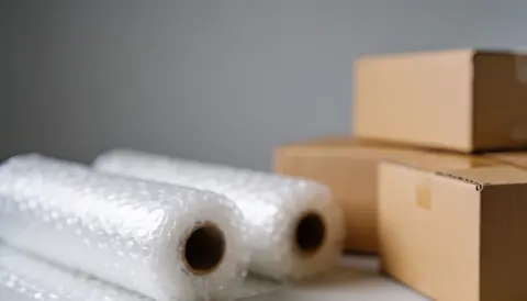 Soft focus background showing cardboard boxes and bubble wrap in a neutral gray and brown packing zone for online store logistics