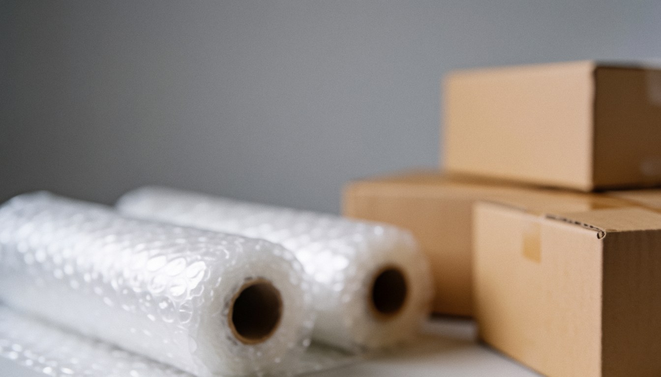 Soft focus background showing cardboard boxes and bubble wrap in a neutral gray and brown packing zone for online store logistics