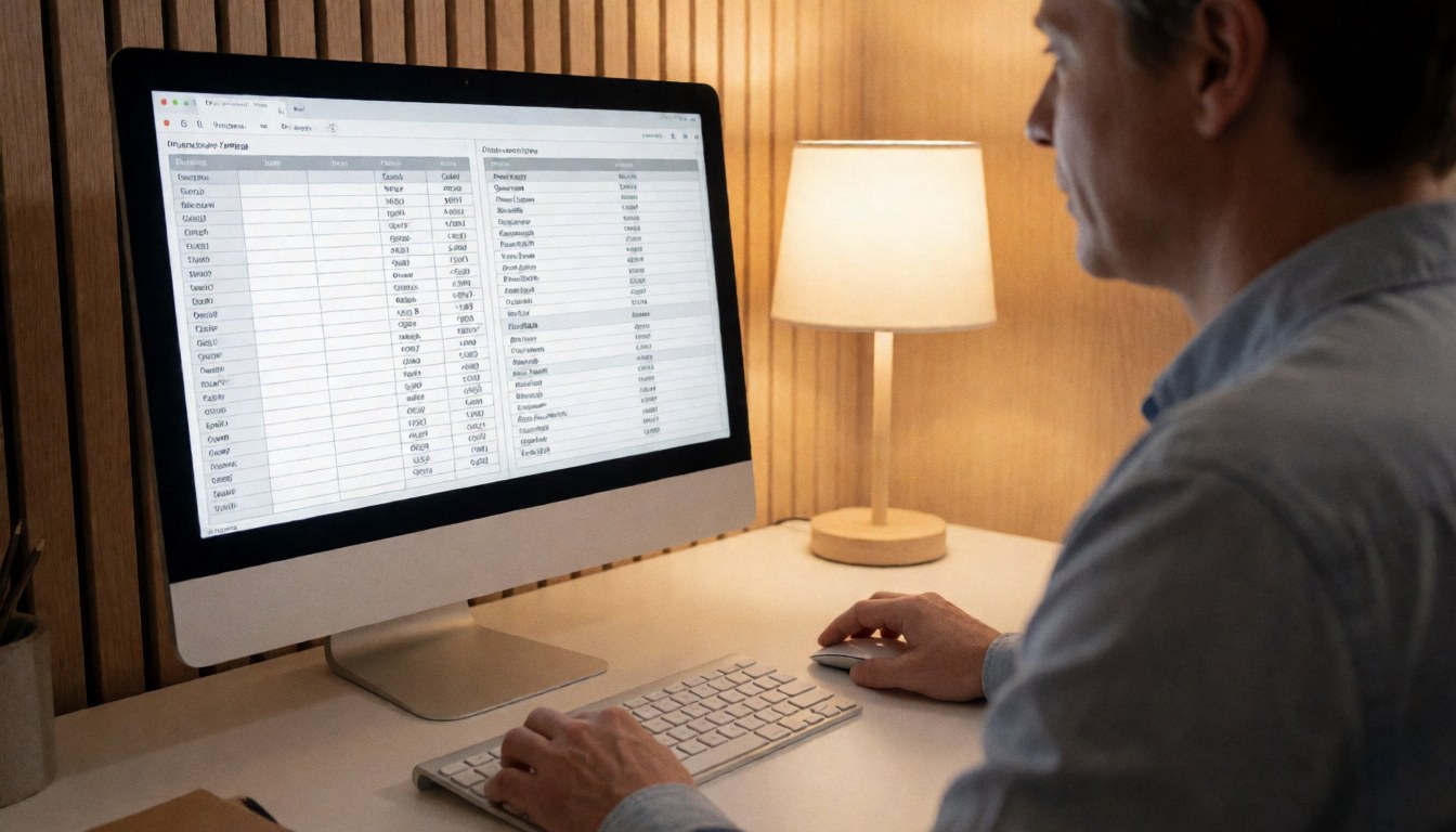 Person working on a computer with spreadsheets, tidy desk, warm light, wooden wall, professional atmosphere.
