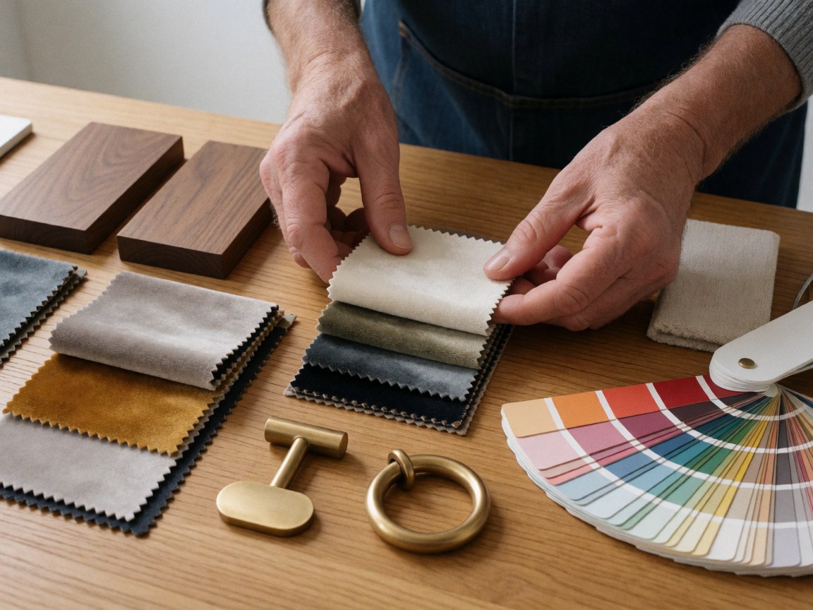 Interior designer hands choosing fabric and wood samples on a work table with a color palette and bronze hardware