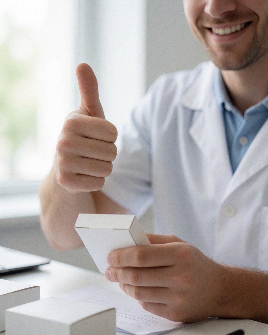 A smiling doctor in a medical clinic holds a medicine box with a thumbs-up gesture, illuminated by natural light from a window in a clean, professional setting.