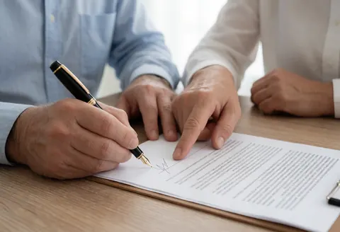 Close-up of hands signing a business contract on a wooden desk with a pen while another person points to the signature line