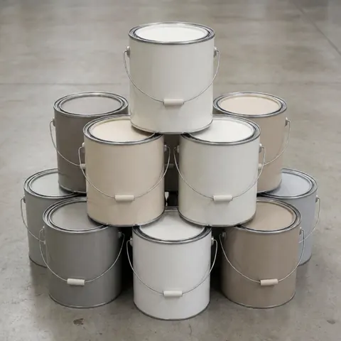 Stacked neutral paint cans on a concrete floor with even lighting and clean industrial aesthetic for interior and exterior painting projects
