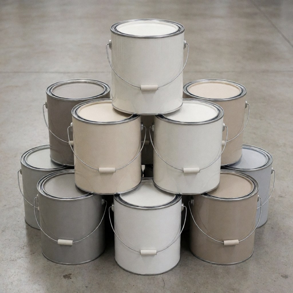 Stacked neutral paint cans on a concrete floor with even lighting and clean industrial aesthetic for interior and exterior painting projects