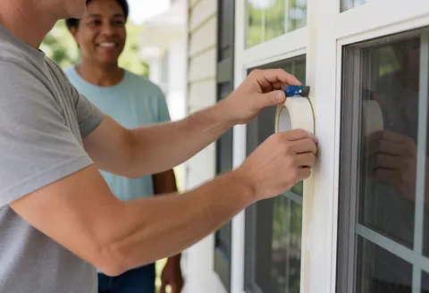 A painter carefully applies masking tape to a window frame while a client watches from the entrance on a sunny day at a suburban home.