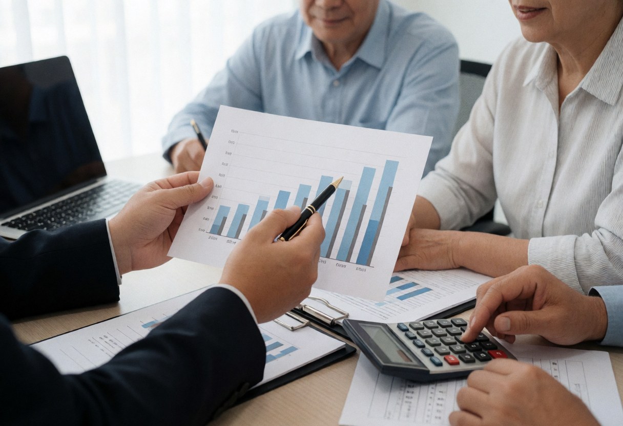 Close-up of hands pointing to a rising bar graph on a laptop screen, with a calculator and documents on a wooden office desk during a business meeting.