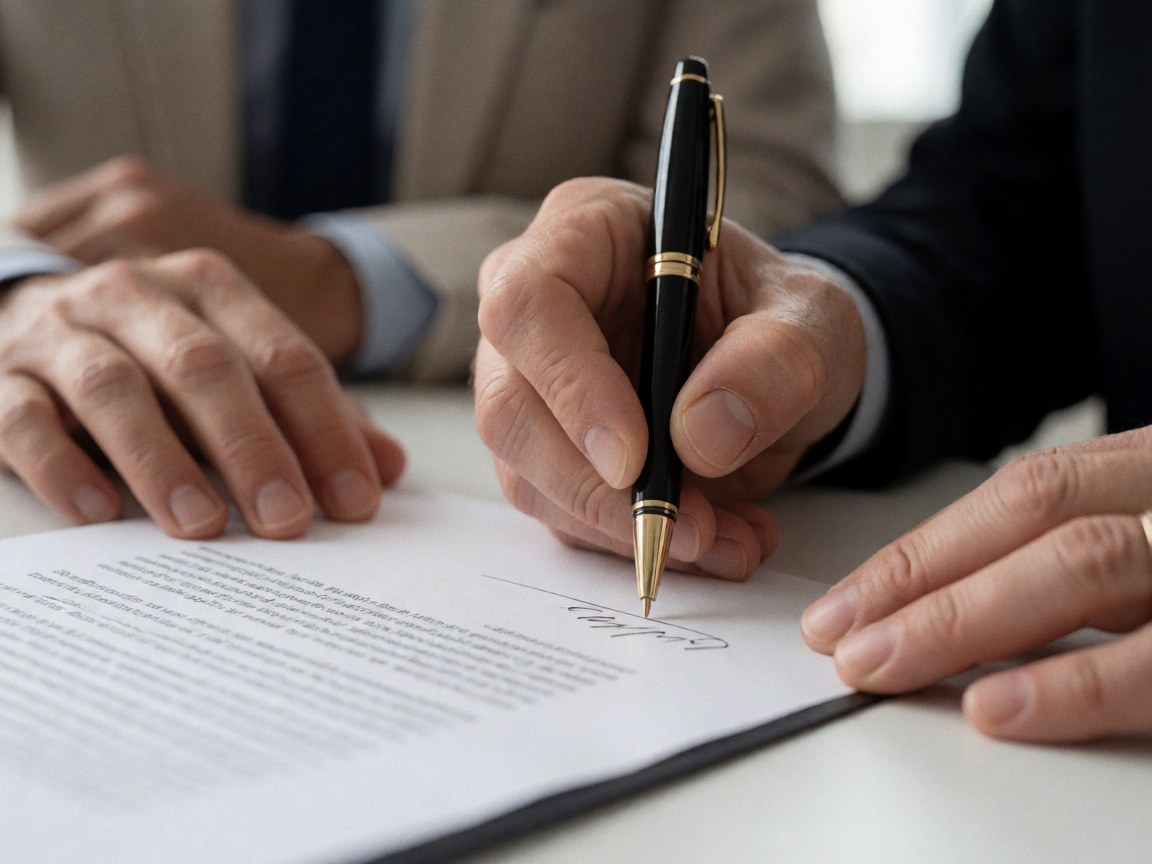 A close-up view of hands holding a pen and signing an important contract on a professional office desk