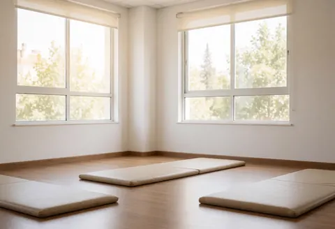 An empty physical therapy treatment room featuring wooden floors, white walls, exercise mats, and large windows allowing natural light to fill the clean space.