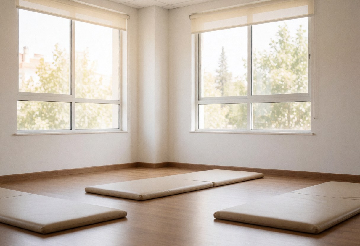 An empty physical therapy treatment room featuring wooden floors, white walls, exercise mats, and large windows allowing natural light to fill the clean space.