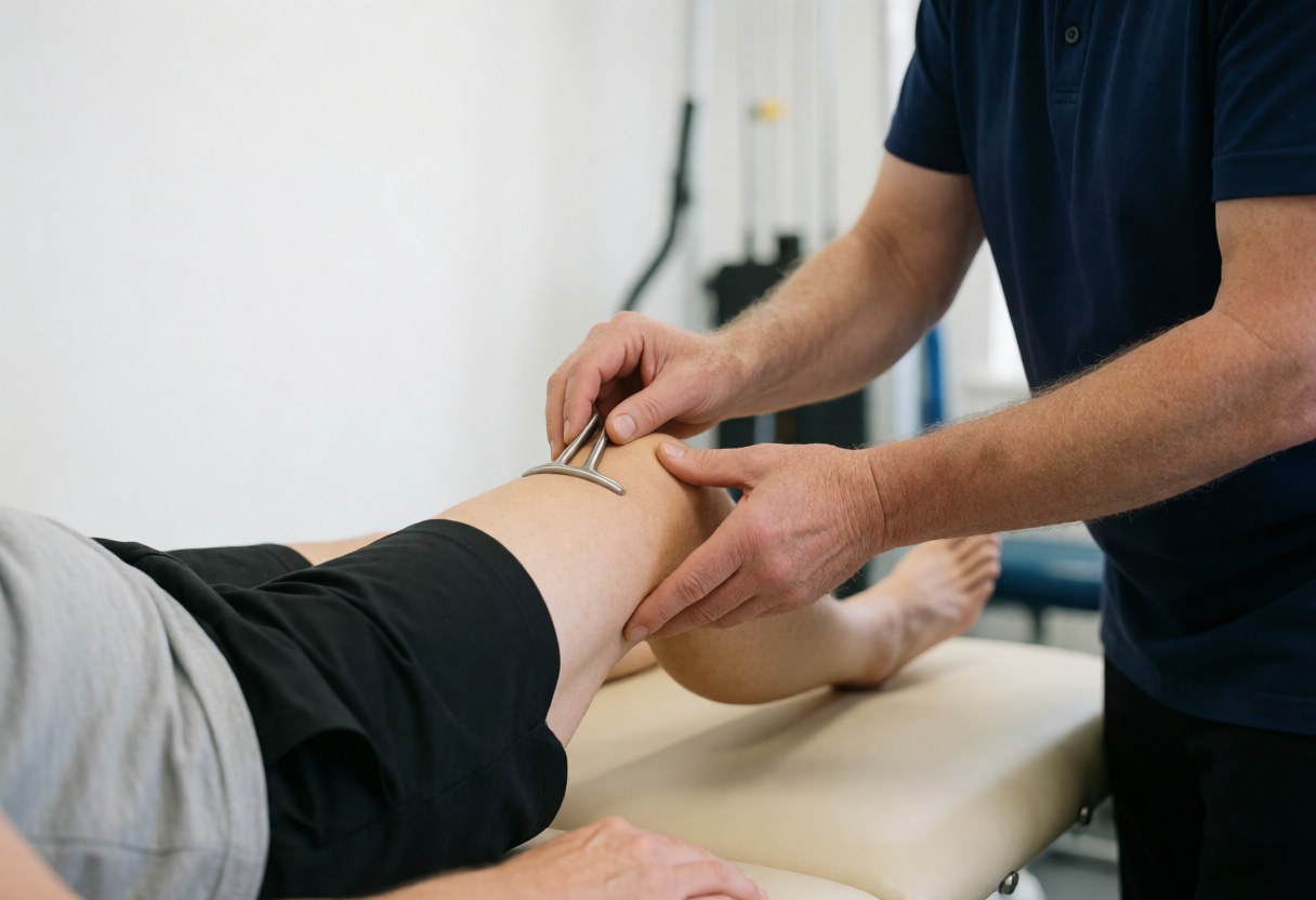 Physical therapist using a medical tool to treat a patient's knee on a treatment bed in a clean clinical setting with natural light
