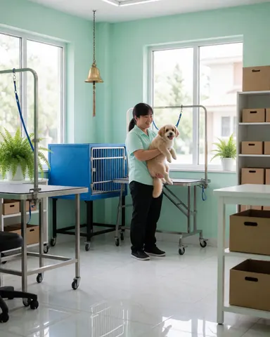 A satisfied customer holding their freshly groomed dog after a professional grooming session