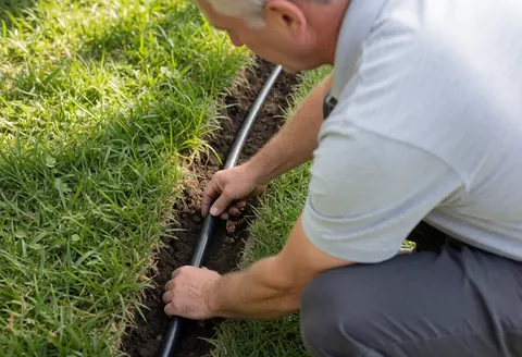 A professional worker installing underground irrigation pipes in a garden landscape during the day