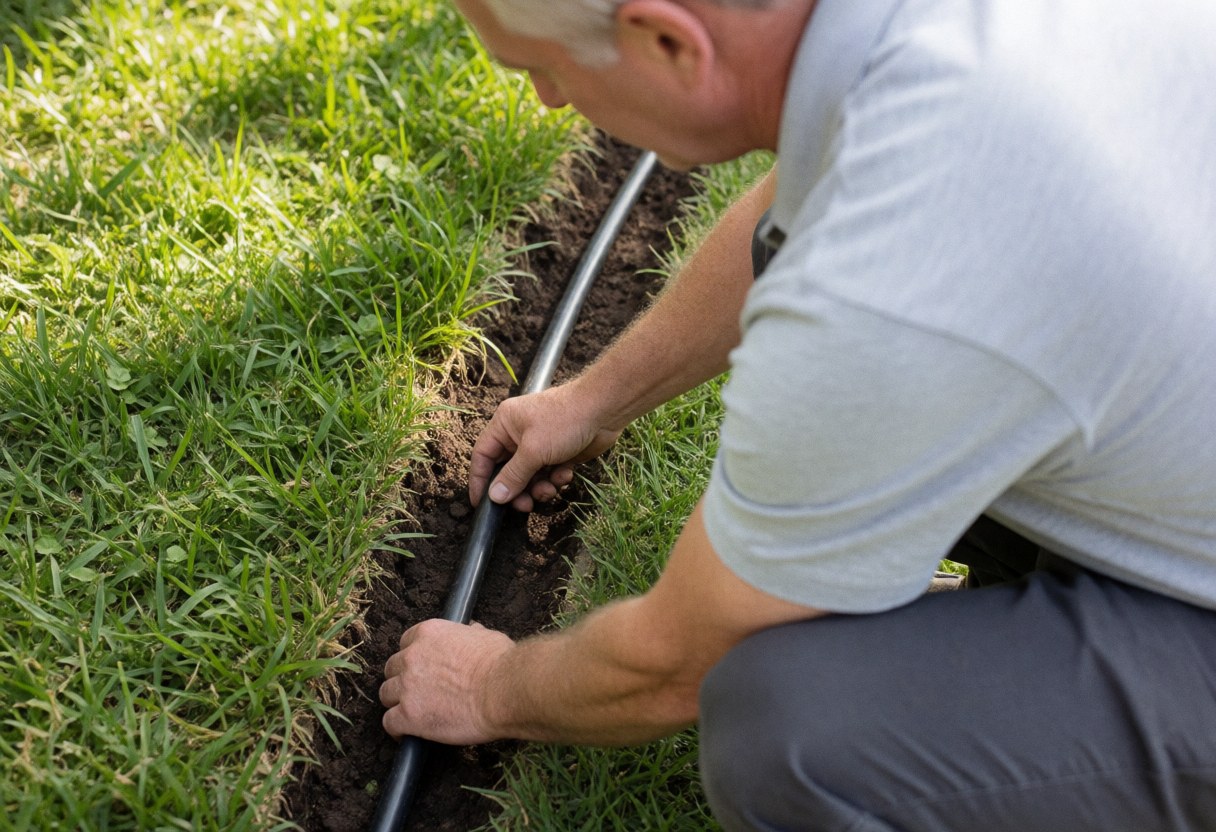 A professional worker installing underground irrigation pipes in a garden landscape during the day