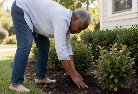 A woman planting shrubs in a garden, kneeling on the ground with her hands in the soil, wearing casual clothes and jeans, with a blurred background of greenery and sunlight.
