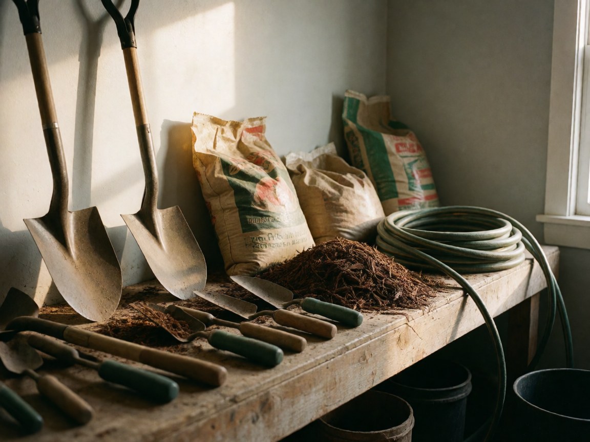 Shovels, rakes, and mulch bags arranged on a weathered wooden table, illuminated by sunlight with soft shadows and detailed textures.