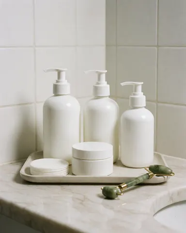 White cosmetic jars, jade roller, and facial patches arranged on a marble tray with soft professional lighting