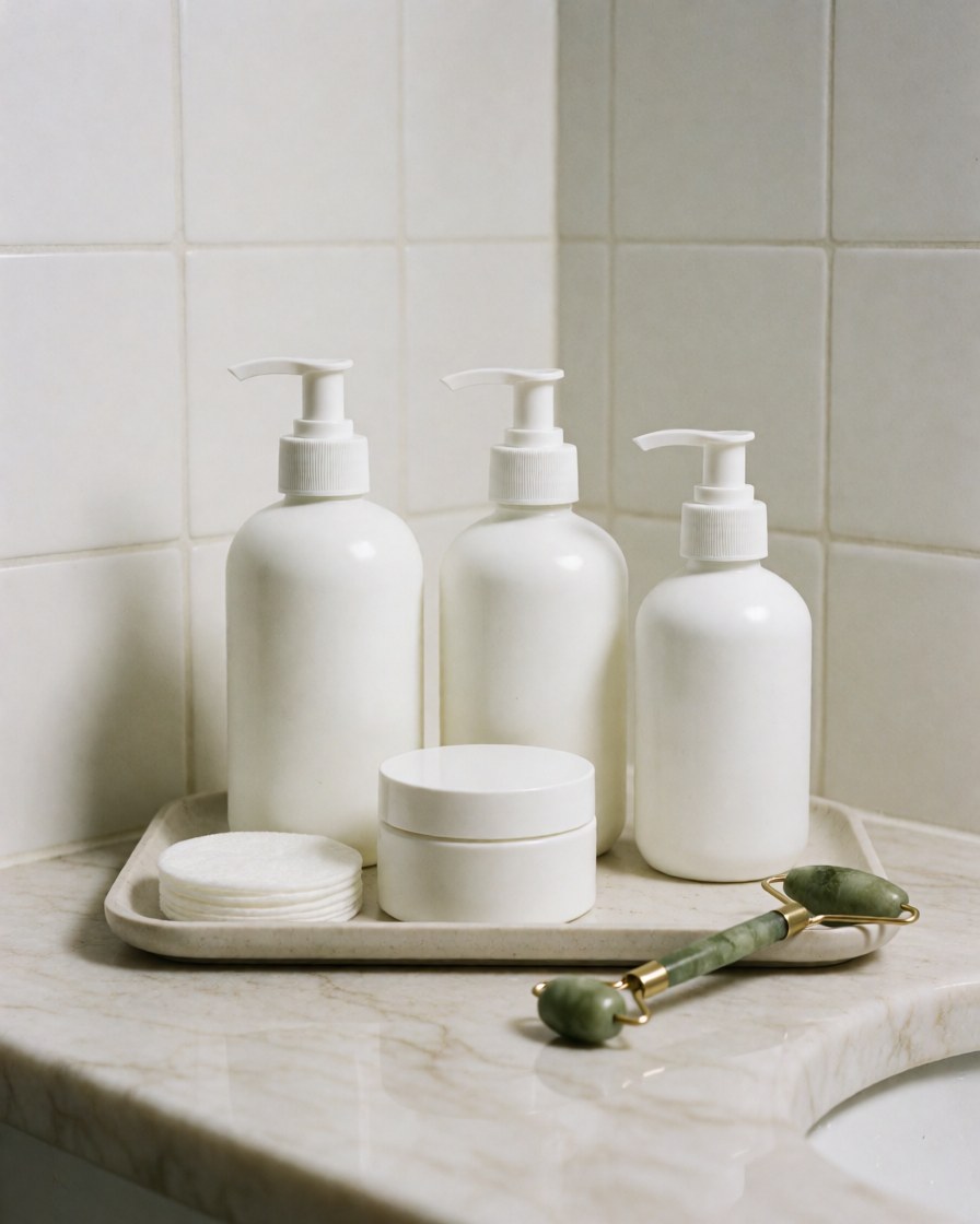 White cosmetic jars, jade roller, and facial patches arranged on a marble tray with soft professional lighting