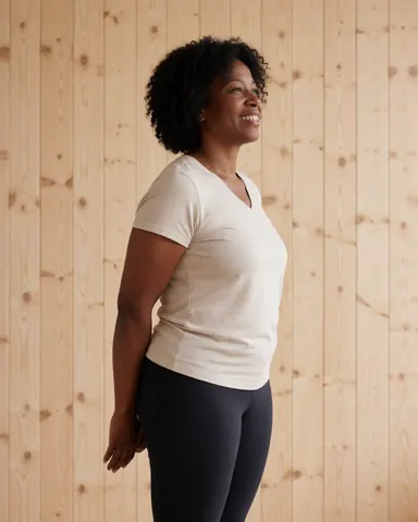A smiling woman in athletic wear stretching her arms and legs after a yoga or pilates session in a bright, calm studio with a wooden wall background.