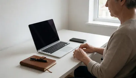 An adult works on a laptop at a white desk near a window with natural light, with a phone and notebook nearby.