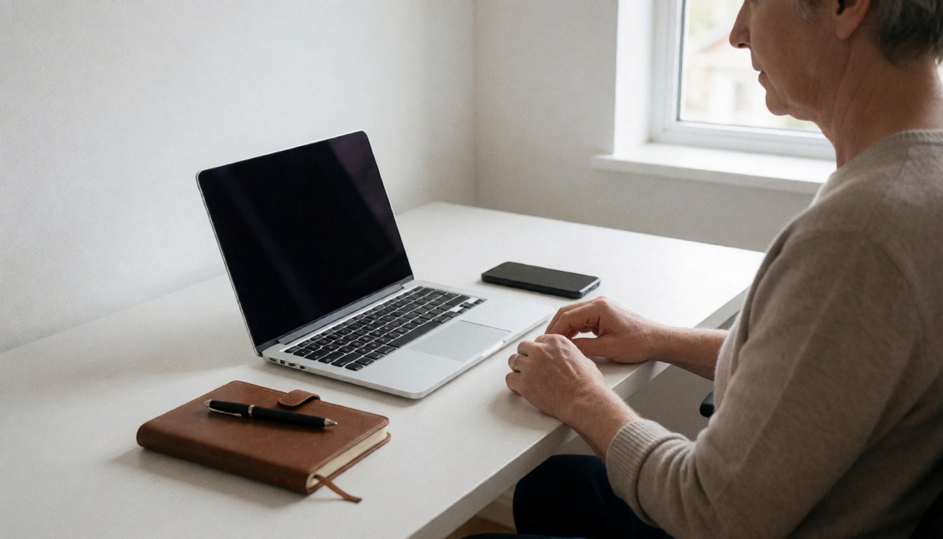 An adult works on a laptop at a white desk near a window with natural light, with a phone and notebook nearby.