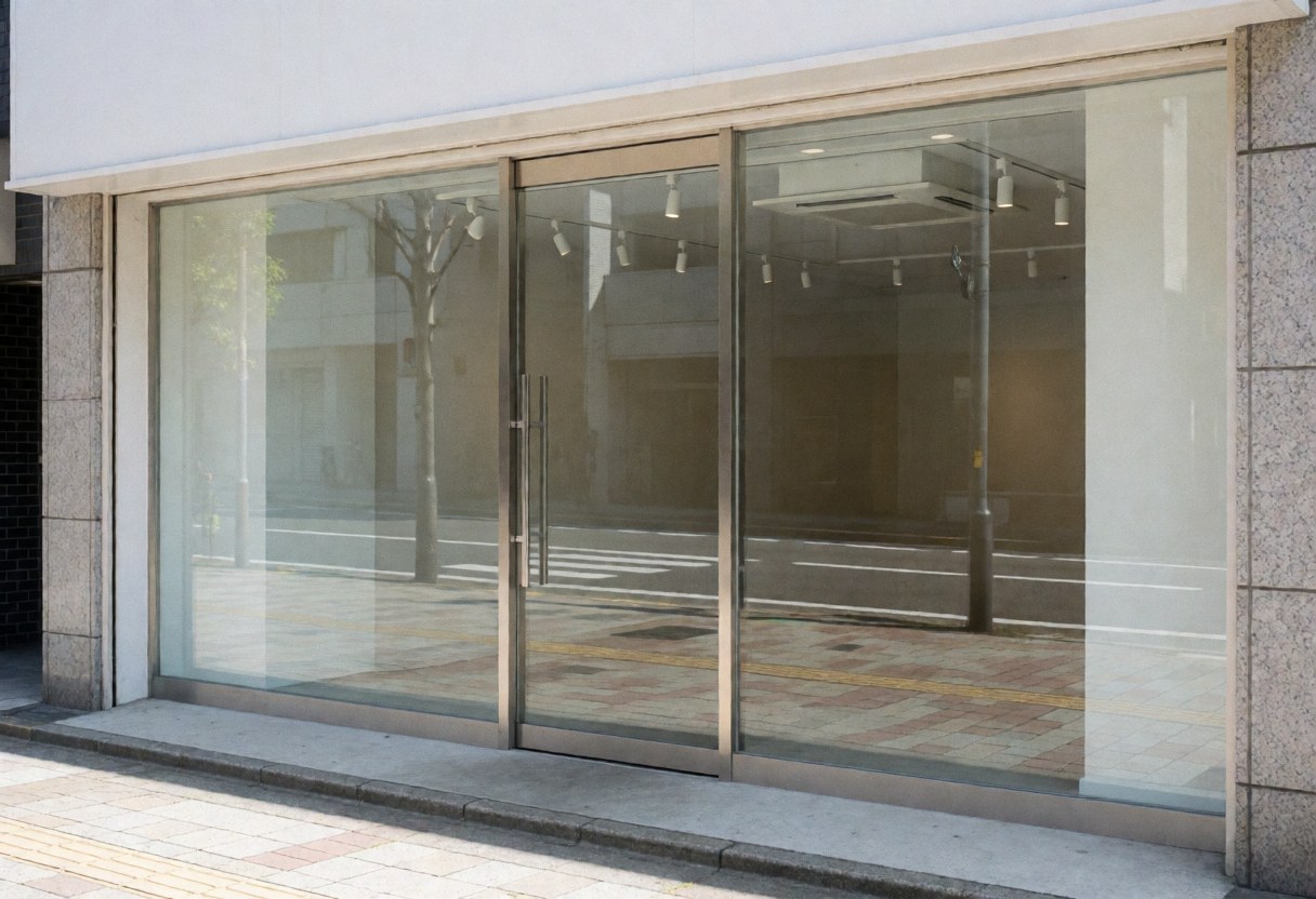 Minimalist modern architectural studio facade with glass doors, street reflections, and clean lines under daylight.