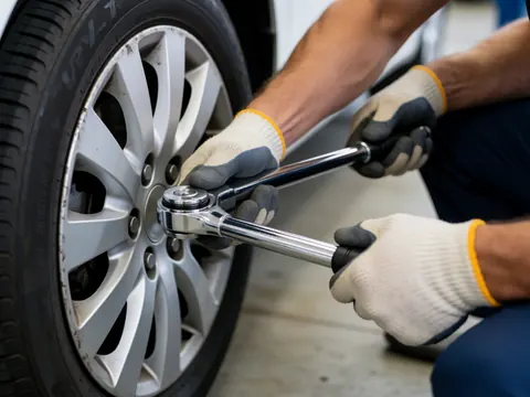 Close-up of a mechanic wearing gloves using a torque wrench to tighten a wheel lug nut in an auto repair shop with a blurred background.