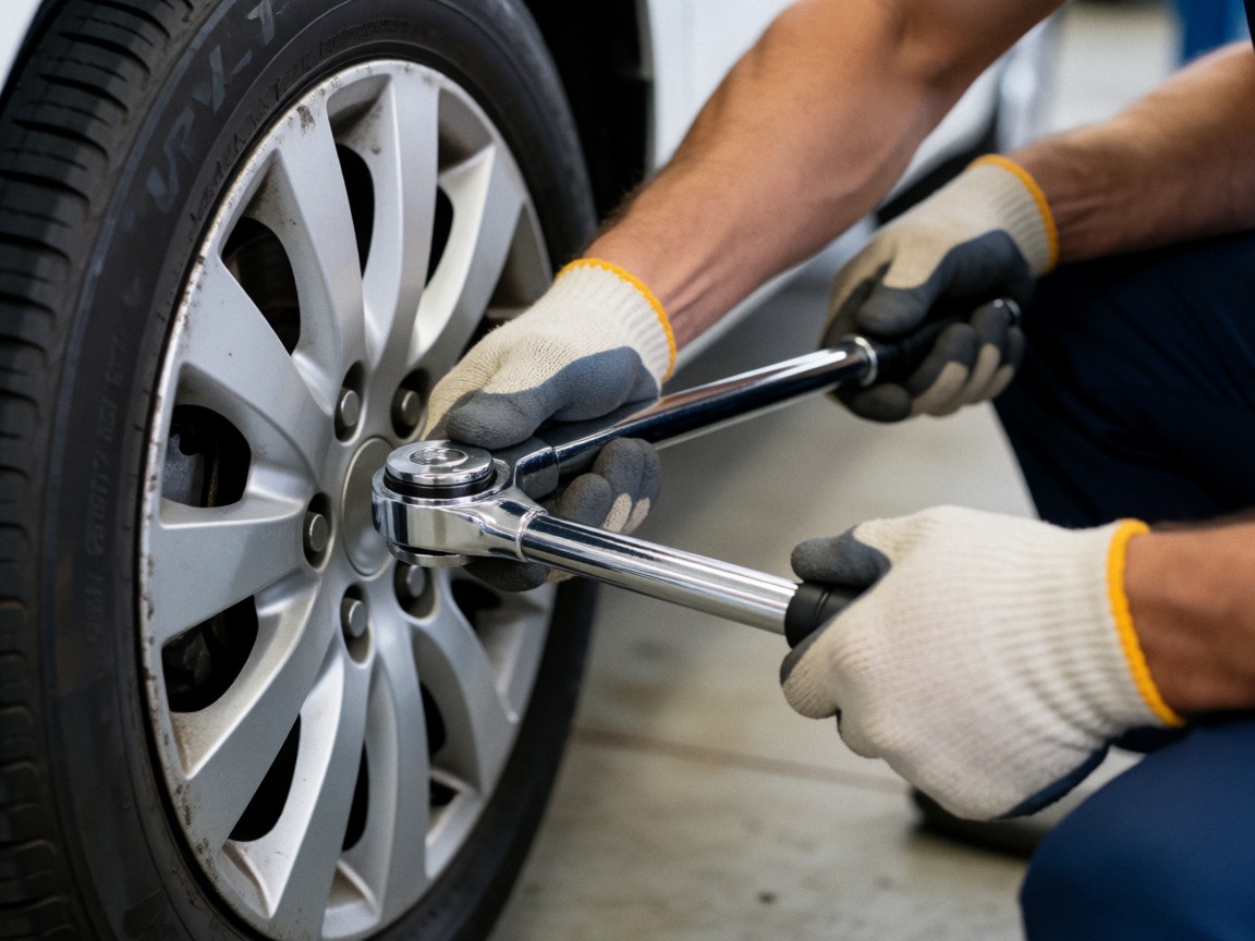 Close-up of a mechanic wearing gloves using a torque wrench to tighten a wheel lug nut in an auto repair shop with a blurred background.