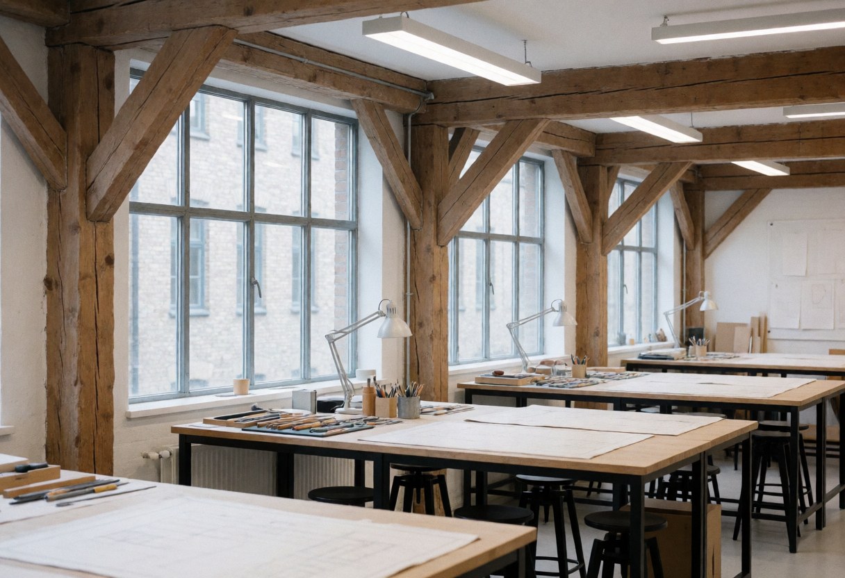 Interior of an architecture studio featuring wooden beams, large windows, and desks with drawing tools and natural light. An inspiring and organized workspace.