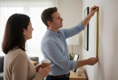 Interior designer measures a wall with a tape measure in a modern living room while a client with coffee observes in a calm, professional setting.
