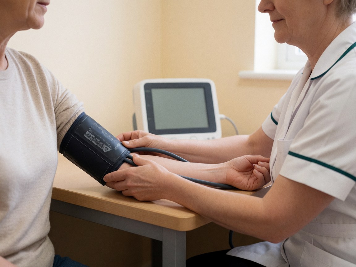 A nurse places a blood pressure cuff on a patient's arm while a digital monitor displays the readings during a medical consultation.